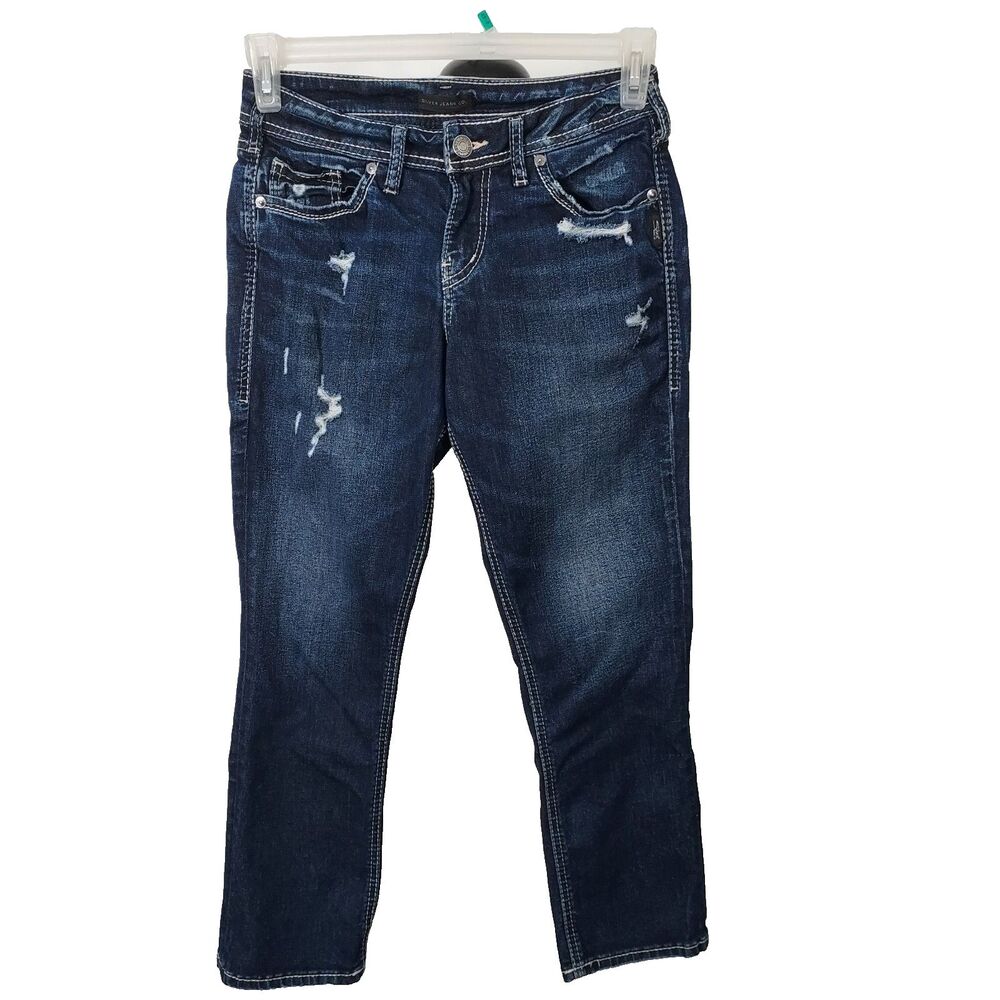 Silver Women's Suki Capri 27x25 Distressed Embroidered Stretch Jeans Blue Denim
